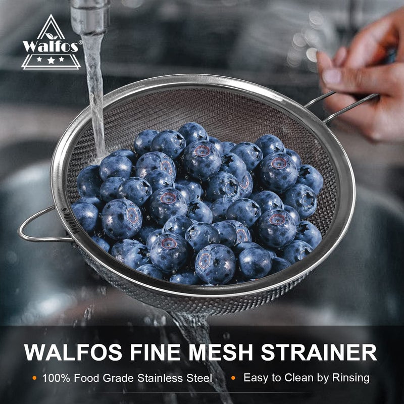 Walfos Fine Mesh Strainers Set, Premium Stainless Steel Colanders and Sifters, with Reinforced Frame Sturdy Handle, Perfect for Sift, Strain, Drain Rinse Vegetables, Pastas Tea - 3 Sizes - Image 5
