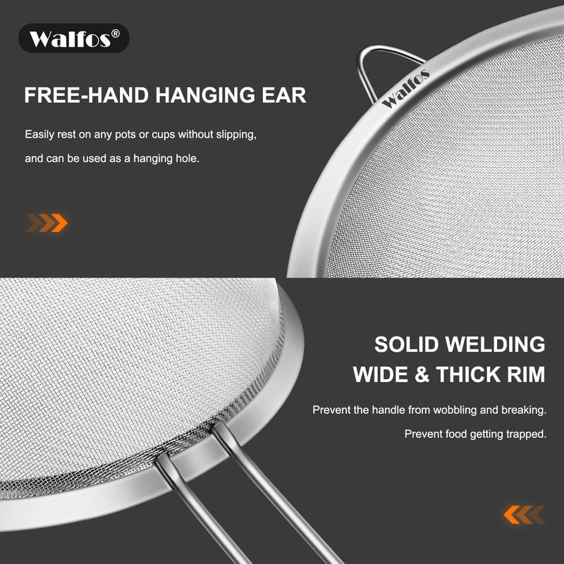 Walfos Fine Mesh Strainers Set, Premium Stainless Steel Colanders and Sifters, with Reinforced Frame Sturdy Handle, Perfect for Sift, Strain, Drain Rinse Vegetables, Pastas Tea - 3 Sizes - Image 3