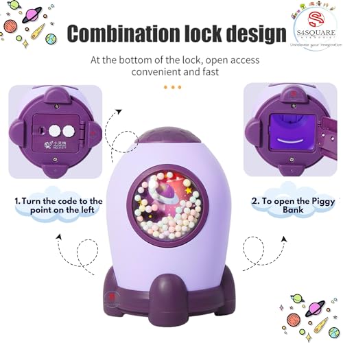 S4SQUARE ENTERPRISE Rocket Piggy Bank with Password Number Lock Code - Unbreakable Plastic Cartoon Coin Box, Money Saving Bank for Children's - Image 4