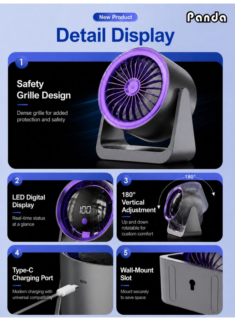 باندا مروحة سطح المكتب، مروحة مكتب صغيرة محمولة عالية السرعة مع شاشة LED، مؤقت 3/6/9 ساعات، 5 مستويات، 100 سرعة رياح، مناسبة للمكتب والمنزل والسكن والسفر (أرجواني) - Image 2