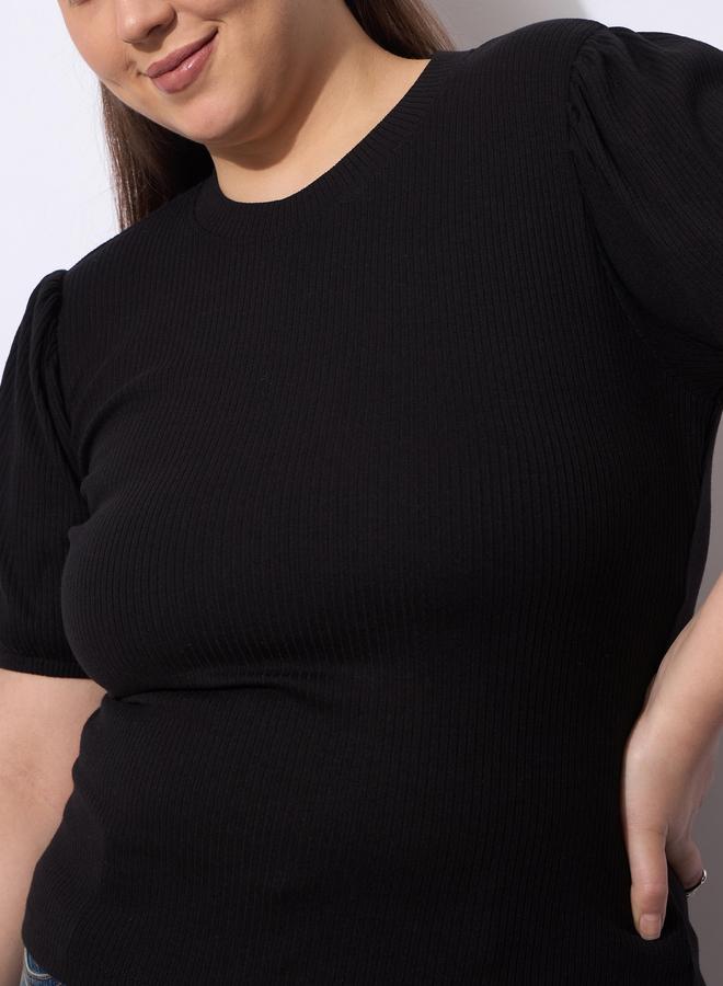 Sassafras Plus Size Black Ribbed Top with Puff Sleeves - Image 4