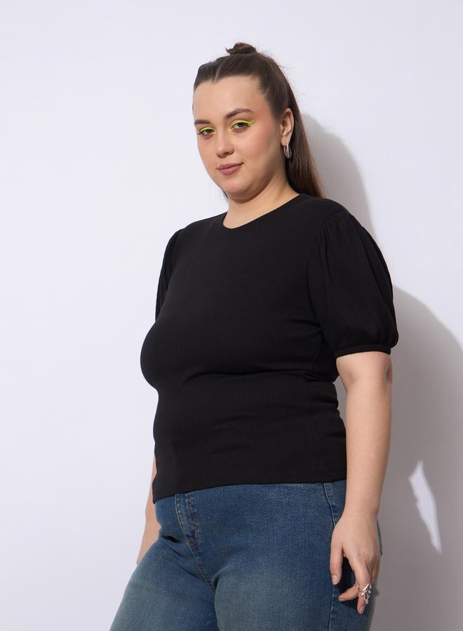 Sassafras Plus Size Black Ribbed Top with Puff Sleeves - Image 3