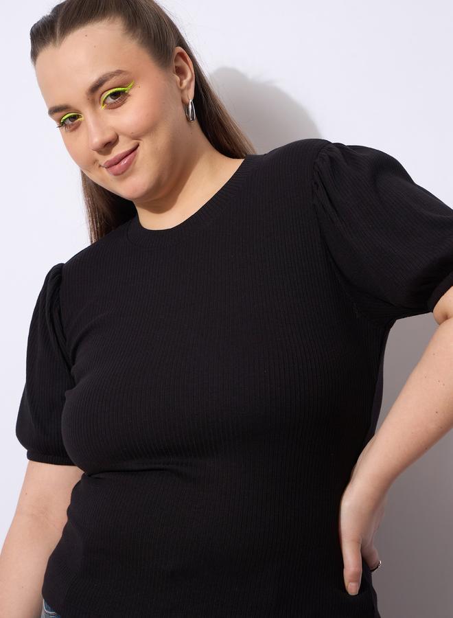Sassafras Plus Size Black Ribbed Top with Puff Sleeves - Image 1