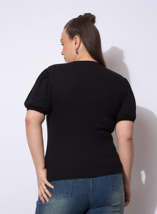 Sassafras Plus Size Black Ribbed Top with Puff Sleeves - Image 5