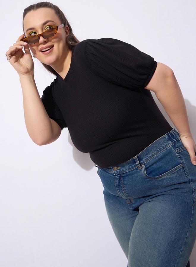 Sassafras Plus Size Black Ribbed Top with Puff Sleeves - Image 2