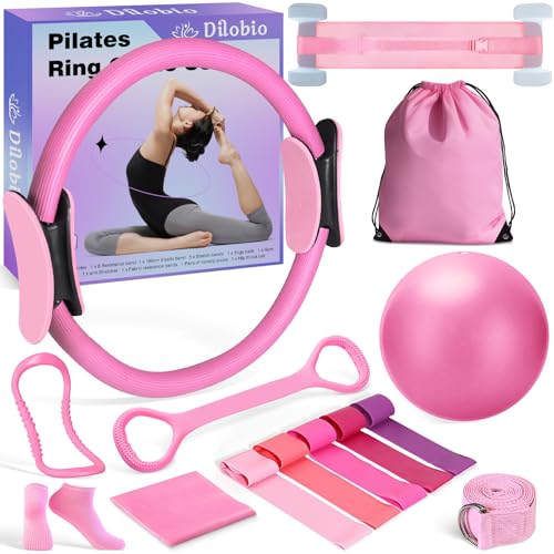 Dilobio Pilates Essentials Kit for Women, Home Workout Equipment with 12'' Magic Circle, Mini Ball, 5 Resistance Bands, Hip Thrust Belt & Accessories, Pilates Ring Set for Toning, Strength & Flexibility - Image 1