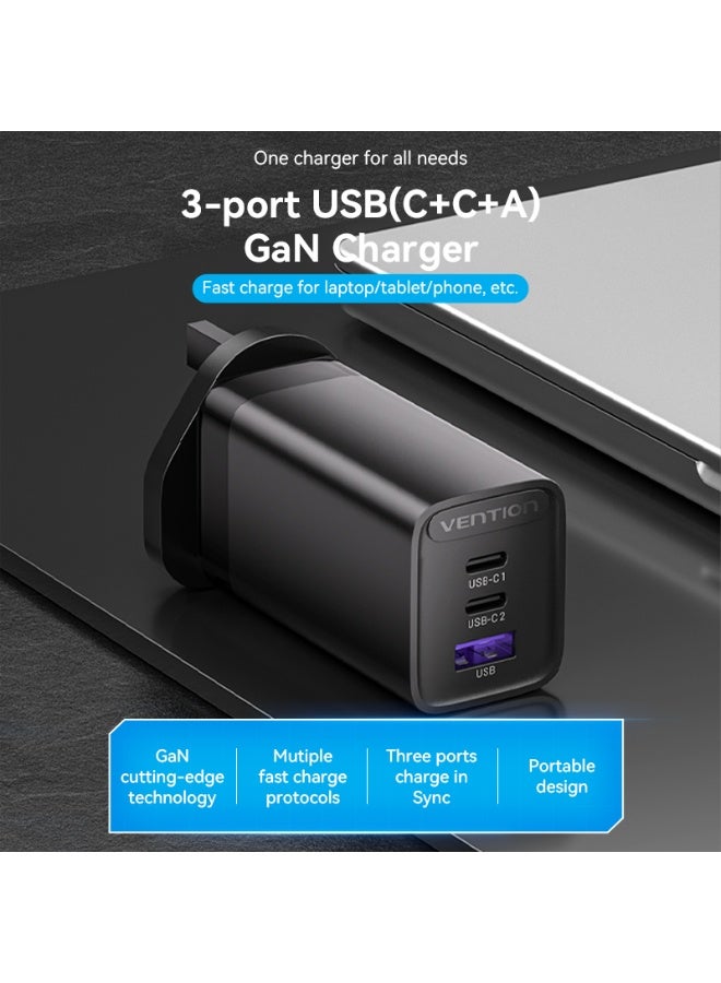 VENTION 3-port USB(C+C+A) GaN Charger(65W/30W/30W) UK-Plug Black Model # FEDB0-UK - Image 2