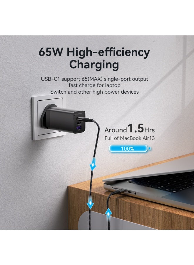 VENTION 3-port USB(C+C+A) GaN Charger(65W/30W/30W) UK-Plug Black Model # FEDB0-UK - Image 4