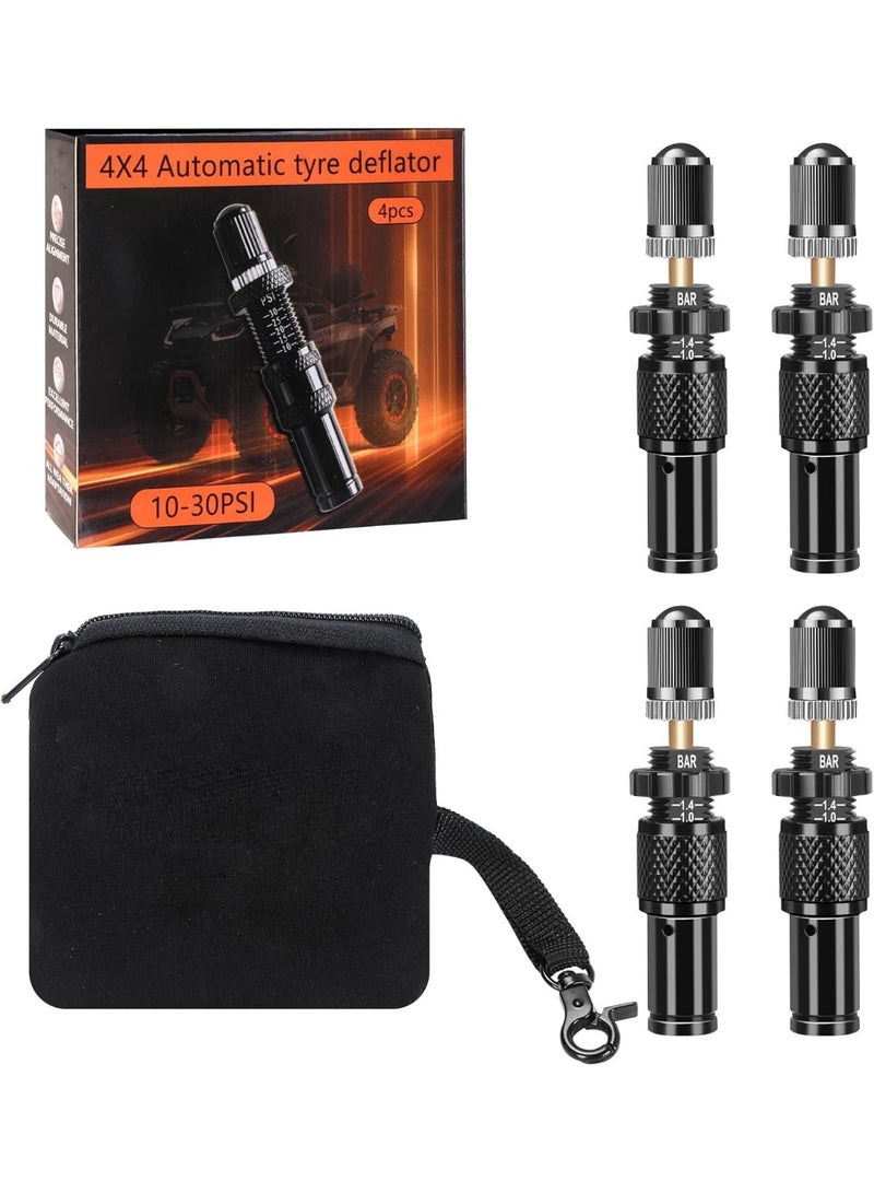 طقم صمام تفريغ هواء الإطارات القابل للتعديل والتوقف التلقائي (10-30 رطل لكل بوصة مربعة) - عبوة من 4 قطع من أداة تفريغ هواء الإطارات الأوتوماتيكية، ملحقات سيارات الدفع الرباعي على الطرق الوعرة لسيارات الجيب وسيارات الدفع الرباعي والشاحنات (أسود) - Image 1
