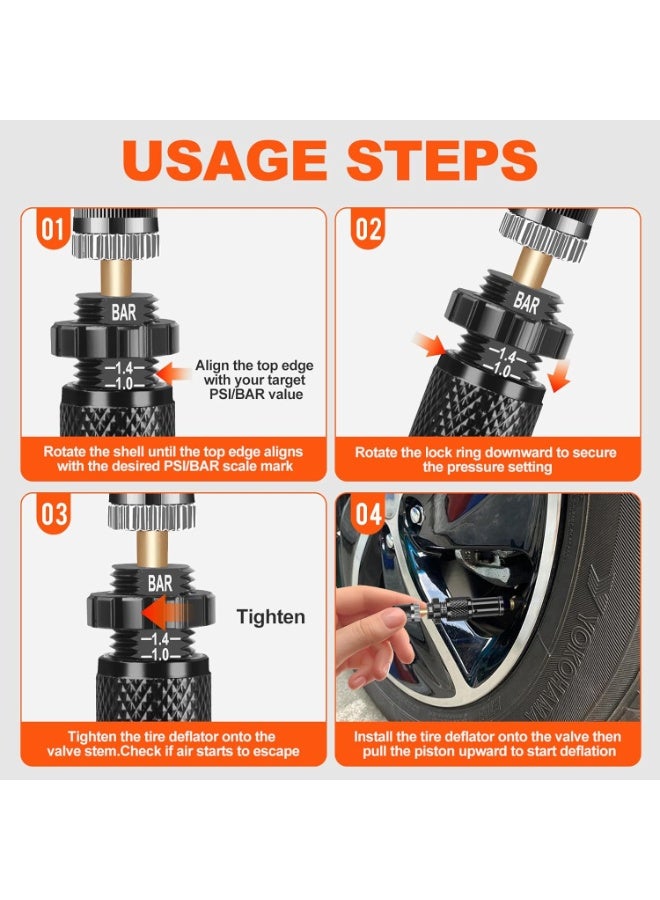 طقم صمام تفريغ هواء الإطارات القابل للتعديل والتوقف التلقائي (10-30 رطل لكل بوصة مربعة) - عبوة من 4 قطع من أداة تفريغ هواء الإطارات الأوتوماتيكية، ملحقات سيارات الدفع الرباعي على الطرق الوعرة لسيارات الجيب وسيارات الدفع الرباعي والشاحنات (أسود) - Image 3