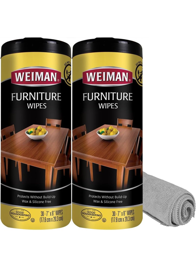Weiman Wood Polish and Cleaning Wipes, For Furniture Cleaner, Protect from Watermarks, Stains & Aging, No Build-Up, UVX-15 Prevent Drying, Fading & Discoloration, 2 Pack with Microfiber Cloth - Image 1