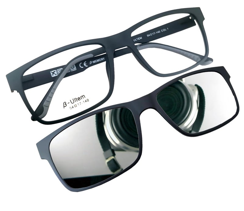 Circleperson Men Eyeglass frame polarized clip on sunshade magnetic glasses 54-17 (Matte Black+print lens, Polarized mirror silver clip on) - Image 1