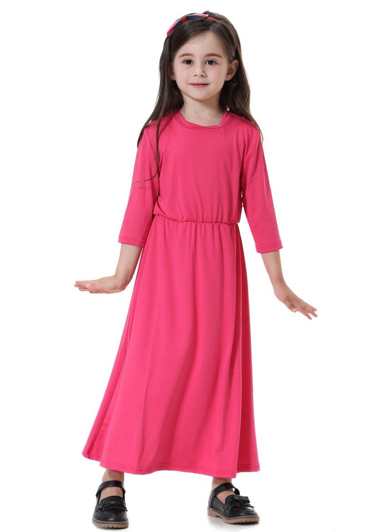 Loquat Girl's Highly Elastic Solid Color Round Neck Maxi Long Dress Rose Pink  - Image 1