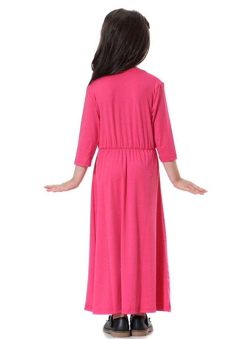 Loquat Girl's Highly Elastic Solid Color Round Neck Maxi Long Dress Rose Pink  - Image 3