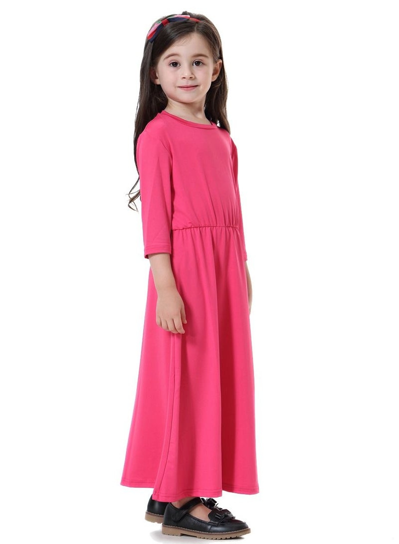 Loquat Girl's Highly Elastic Solid Color Round Neck Maxi Long Dress Rose Pink  - Image 2