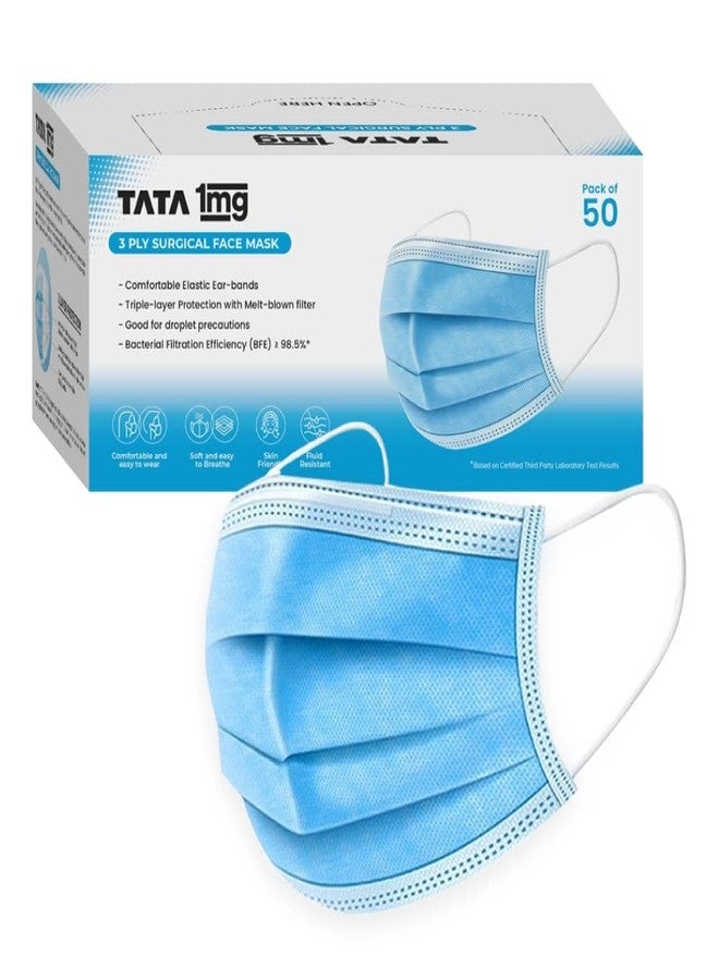 TATA 1MG قناع وجه جراحي ثلاثي الطبقات من 1MG Tata1mg مزود بفلتر منفوخ بالذوبان ودبوس للأنف (عبوة من 50 قناعًا) - Image 1