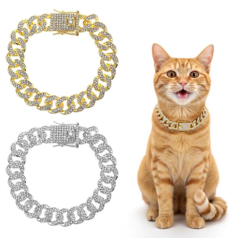 Matwsec 2PCS Gold Cat Chain Collar 8 Inch Diamond Dog Chain Collars Cuban Link Dog Collar for Cats Dogs Kittens Puppies Pets Metal Jewelry Accessories - Image 1