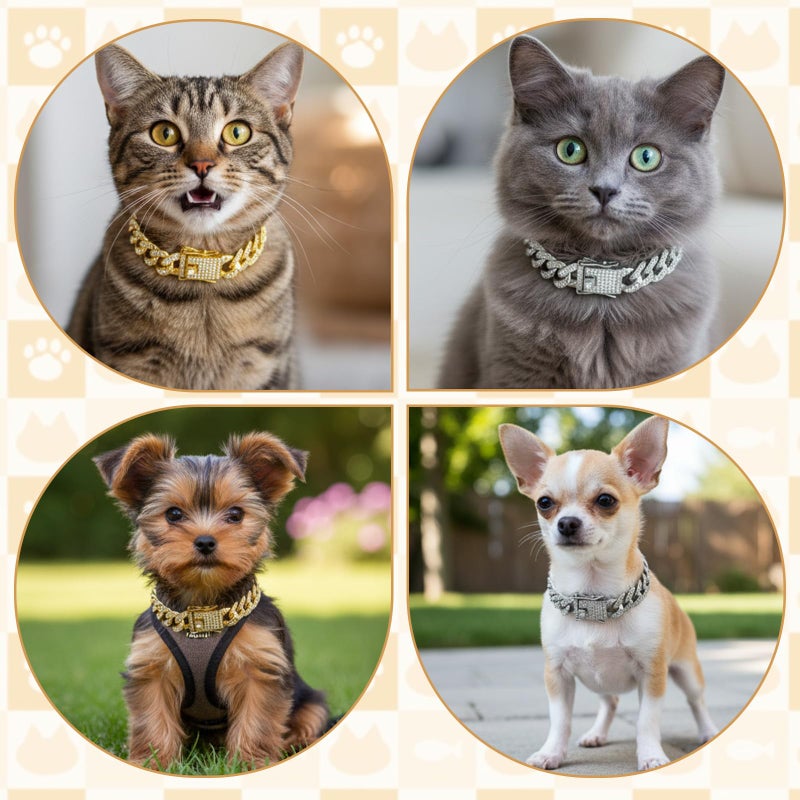 Matwsec 2PCS Gold Cat Chain Collar 8 Inch Diamond Dog Chain Collars Cuban Link Dog Collar for Cats Dogs Kittens Puppies Pets Metal Jewelry Accessories - Image 5
