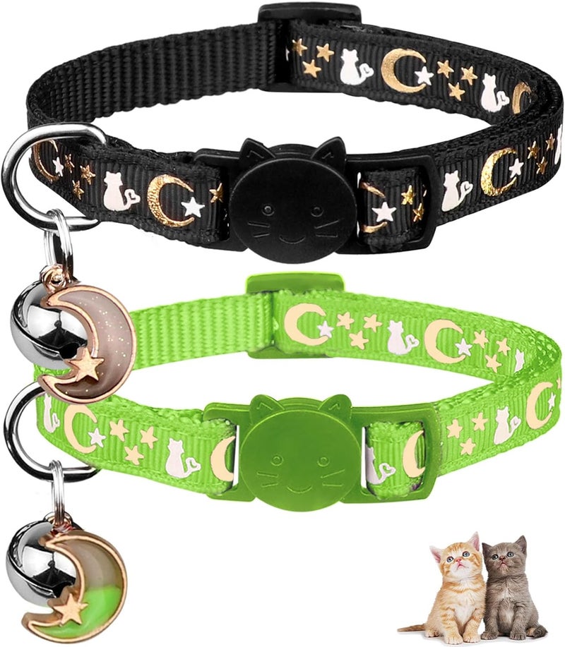 Baeuppit 2PCS Breakaway Cat Collars with Bell Cute Kitty Glow in The Dark Adjustable Kitten Collars 7.9-13.0 Inch(Green&Black) - Image 1