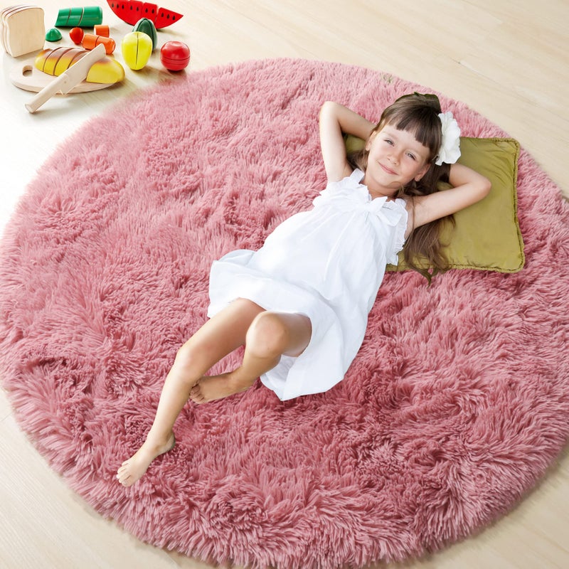 ONASAR Blush Round Area Rugs 5ft Soft Bedroom Circle Rug Mats for Kids Girls Teen Room Fluffy Plush Shaggy Carpet for Dorm Nursery Living Room Playroom Home Decor Princess Castle