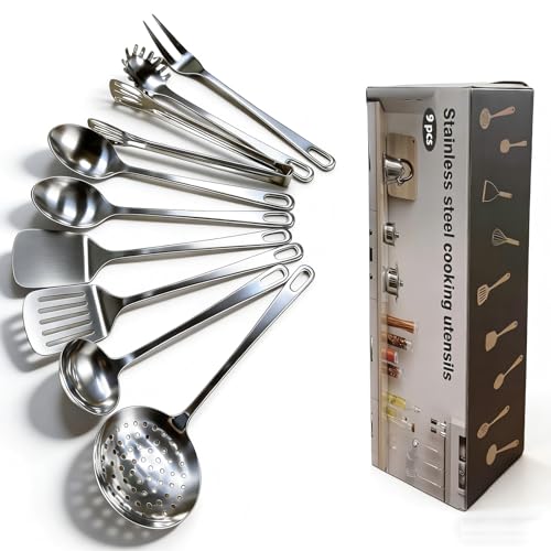 MemoGem 9 Pcs Cooking Utensils Set, Stainless Steel Kitchen Utensils, Heat Resistant Metal Kitchen Tools Include Solid & Slotted Turner Wok Spatula, Serving Spoon, Ladle, Pasta Server, Meat Fork, Tongs Silver - Image 1