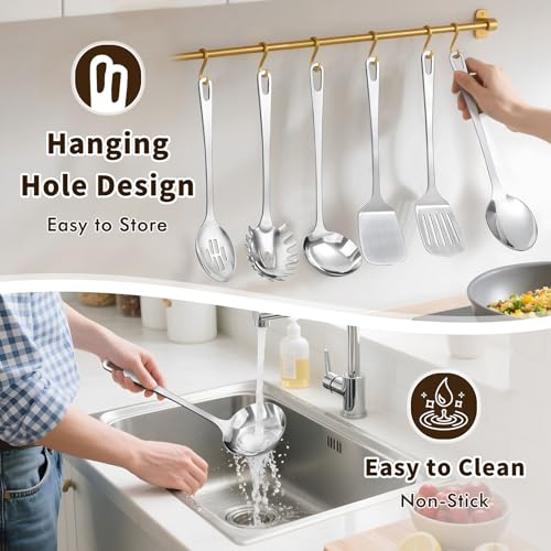 MemoGem 9 Pcs Cooking Utensils Set, Stainless Steel Kitchen Utensils, Heat Resistant Metal Kitchen Tools Include Solid & Slotted Turner Wok Spatula, Serving Spoon, Ladle, Pasta Server, Meat Fork, Tongs Silver - Image 5