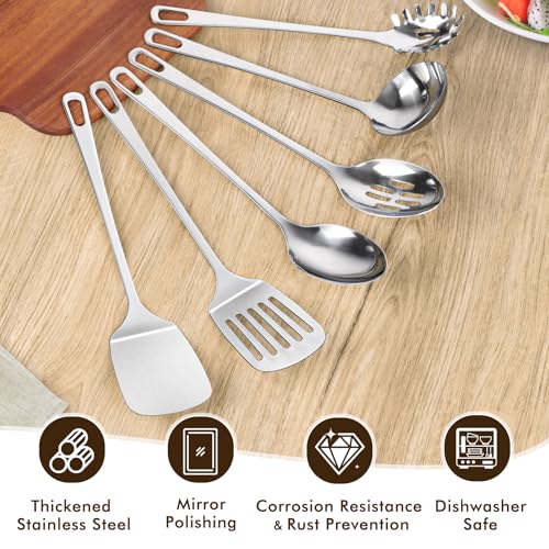 MemoGem 9 Pcs Cooking Utensils Set, Stainless Steel Kitchen Utensils, Heat Resistant Metal Kitchen Tools Include Solid & Slotted Turner Wok Spatula, Serving Spoon, Ladle, Pasta Server, Meat Fork, Tongs Silver - Image 2
