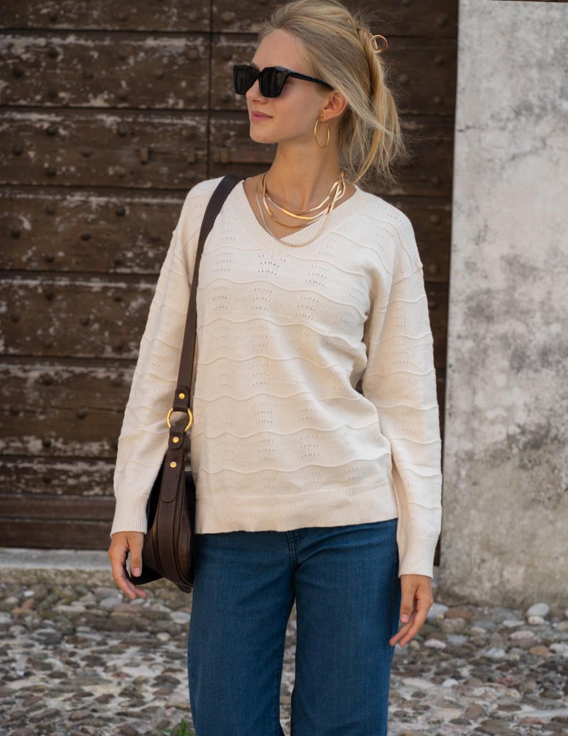 Zeagoo Womens Sweaters Fall Casual Long Sleeve V Neck Shirts Lightweight Crochet Ribbed Knit Pullover Tops Outfits Cream - Image 2