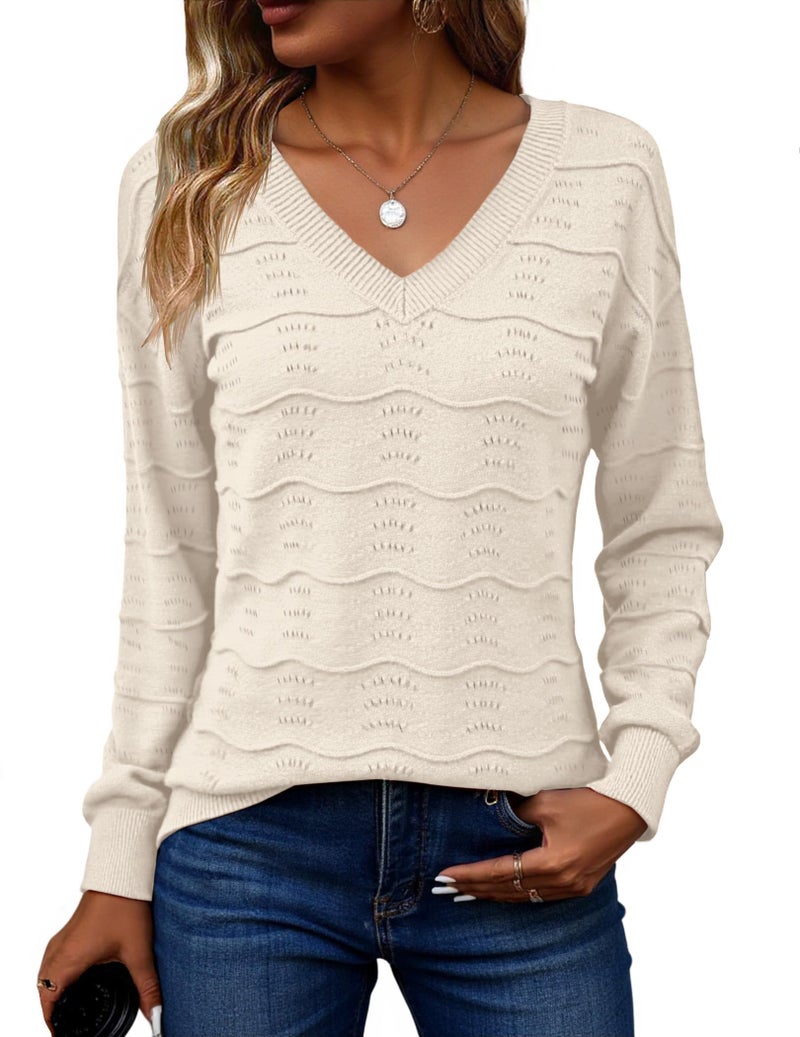 Zeagoo Womens Sweaters Fall Casual Long Sleeve V Neck Shirts Lightweight Crochet Ribbed Knit Pullover Tops Outfits Cream - Image 1