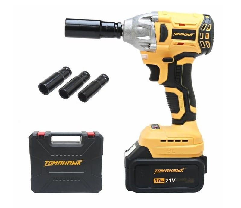 Tomahawk مفتاح صدمات لاسلكي T8582 بقوة 21 فولت، محرك بدون فرشاة T8582 مع بطاريات ليثيوم أيون 1-3.0Ah، 1/2 بوصة، 1 مقبس، عزم دوران 300Nm، ضوء LED، دوران للأمام/ للخلف - Image 1