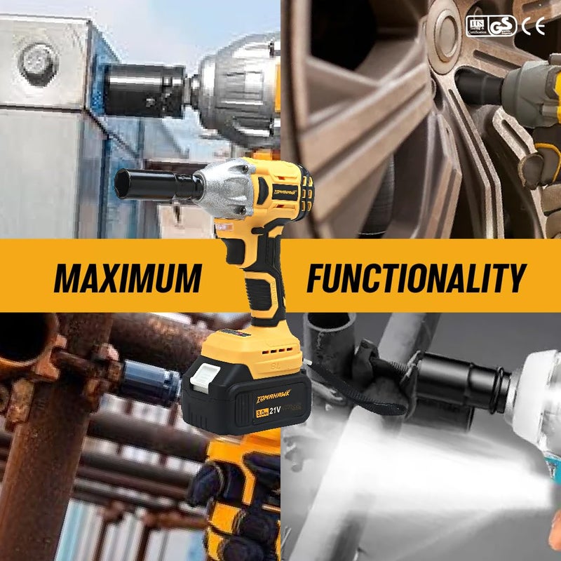 Tomahawk مفتاح صدمات لاسلكي T8582 بقوة 21 فولت، محرك بدون فرشاة T8582 مع بطاريات ليثيوم أيون 1-3.0Ah، 1/2 بوصة، 1 مقبس، عزم دوران 300Nm، ضوء LED، دوران للأمام/ للخلف - Image 4