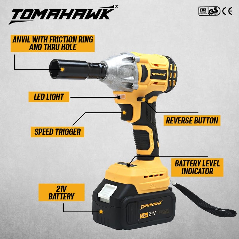 Tomahawk مفتاح صدمات لاسلكي T8582 بقوة 21 فولت، محرك بدون فرشاة T8582 مع بطاريات ليثيوم أيون 1-3.0Ah، 1/2 بوصة، 1 مقبس، عزم دوران 300Nm، ضوء LED، دوران للأمام/ للخلف - Image 3