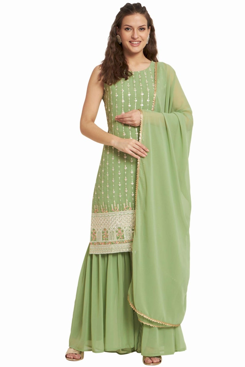 SHOPPING QUEEN Women's Georgette Straight Kurta Sharara Set with Dupatta (A504_Pista_S) - Image 1