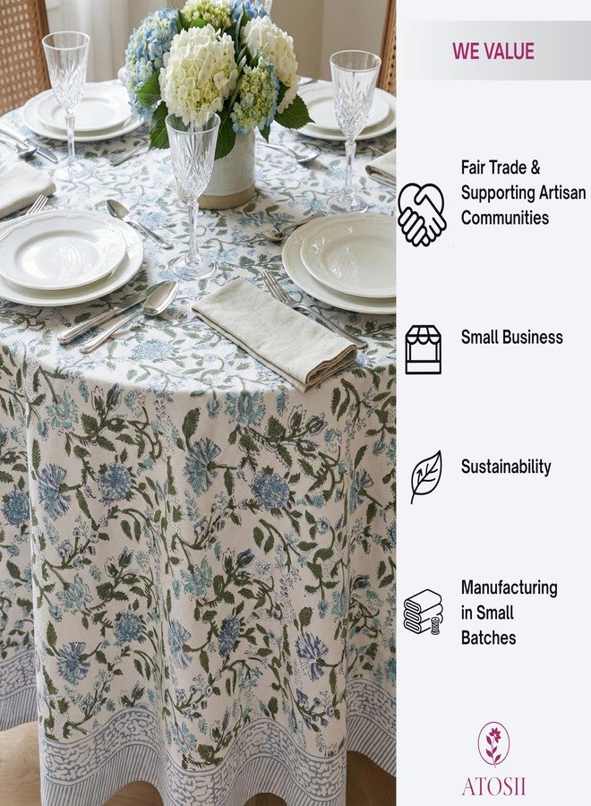 ATOSII Mahoka Blue 100% Cotton Round Tablecloth, Block Print Floral Table Cloth for Dining, Parties, Weddings, Outdoors, Holidays I 72" Inches, 4 Seater I Grandmillennial Farmhouse Boho Summer - Image 4