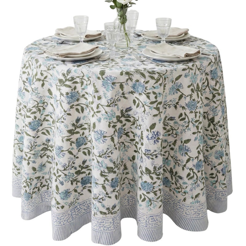 ATOSII Mahoka Blue 100% Cotton Round Tablecloth, Block Print Floral Table Cloth for Dining, Parties, Weddings, Outdoors, Holidays I 72" Inches, 4 Seater I Grandmillennial Farmhouse Boho Summer - Image 1