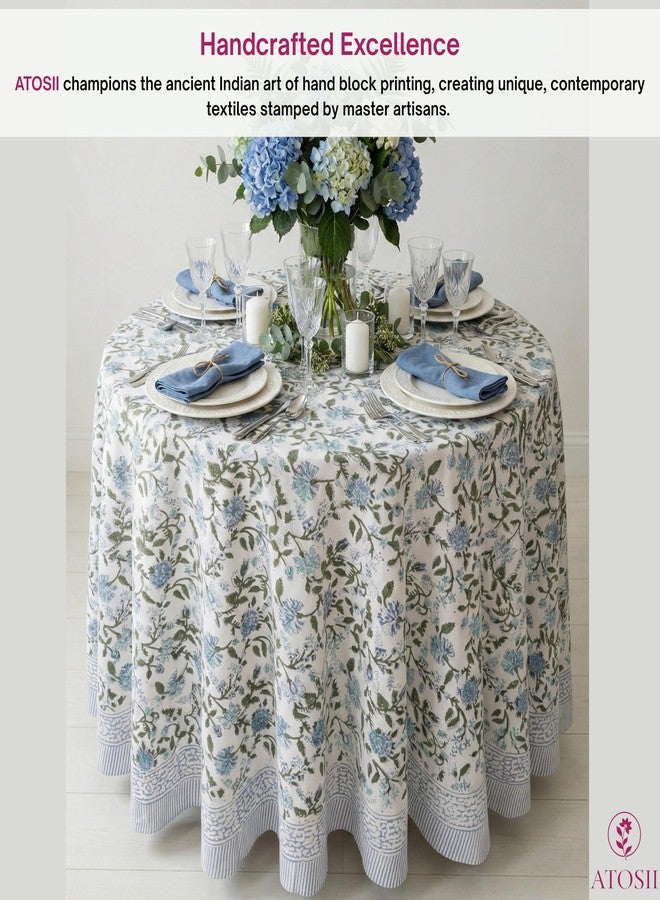 ATOSII Mahoka Blue 100% Cotton Round Tablecloth, Block Print Floral Table Cloth for Dining, Parties, Weddings, Outdoors, Holidays I 72" Inches, 4 Seater I Grandmillennial Farmhouse Boho Summer - Image 3