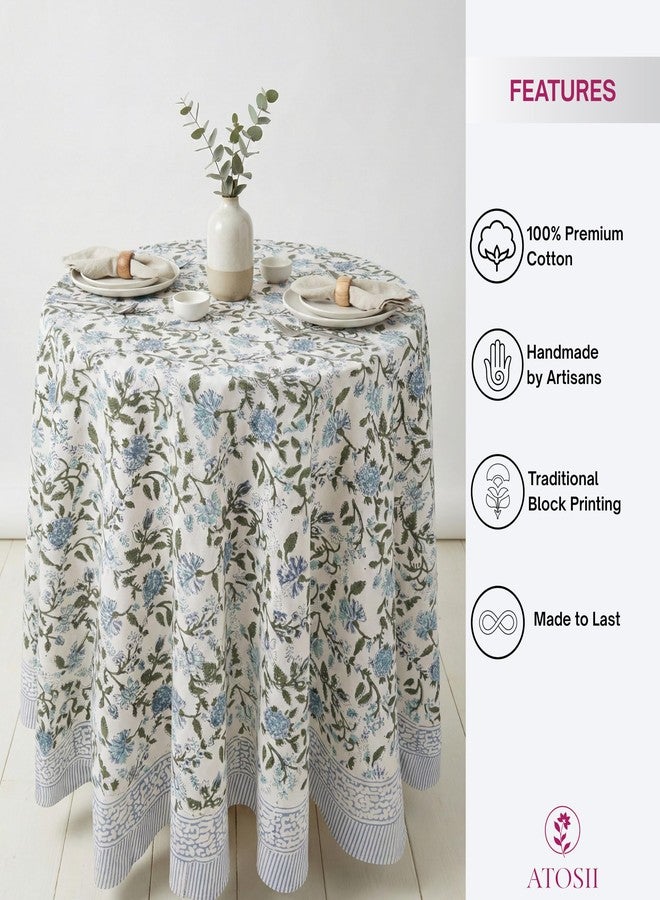 ATOSII Mahoka Blue 100% Cotton Round Tablecloth, Block Print Floral Table Cloth for Dining, Parties, Weddings, Outdoors, Holidays I 72" Inches, 4 Seater I Grandmillennial Farmhouse Boho Summer - Image 2