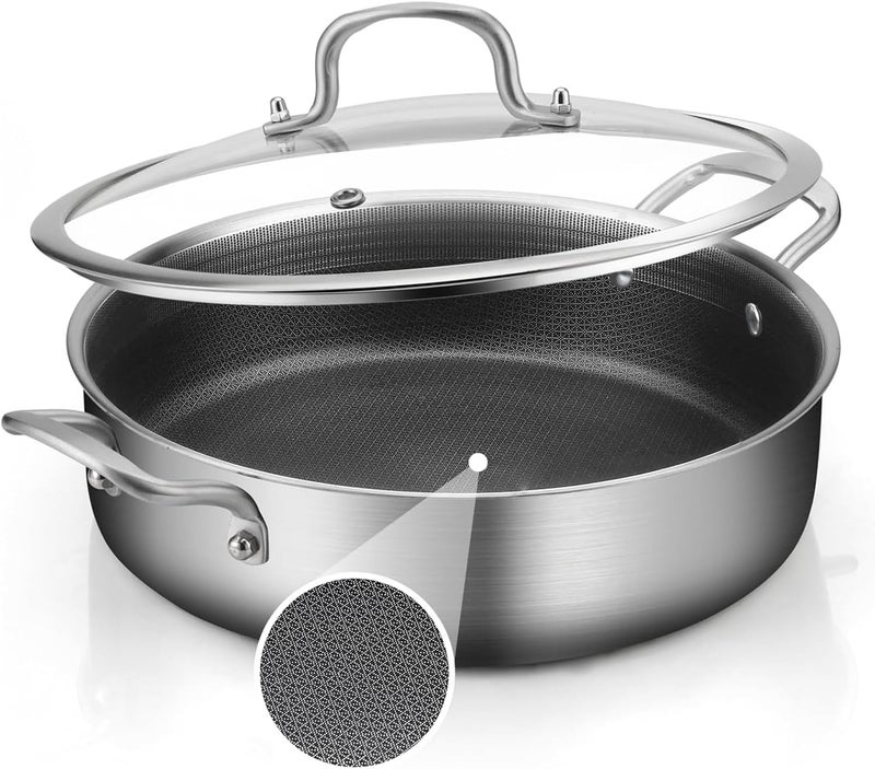 Yeksum Tri-Ply Stainless Steel 5 Quarts Saute Pan, 12.5 Inch Nonstick Skillet with lids, Hybird Large Frying Pan,18/10 Chef's Cooking Pan, Induction Pan, Dishwasher and Oven Safe - Image 1