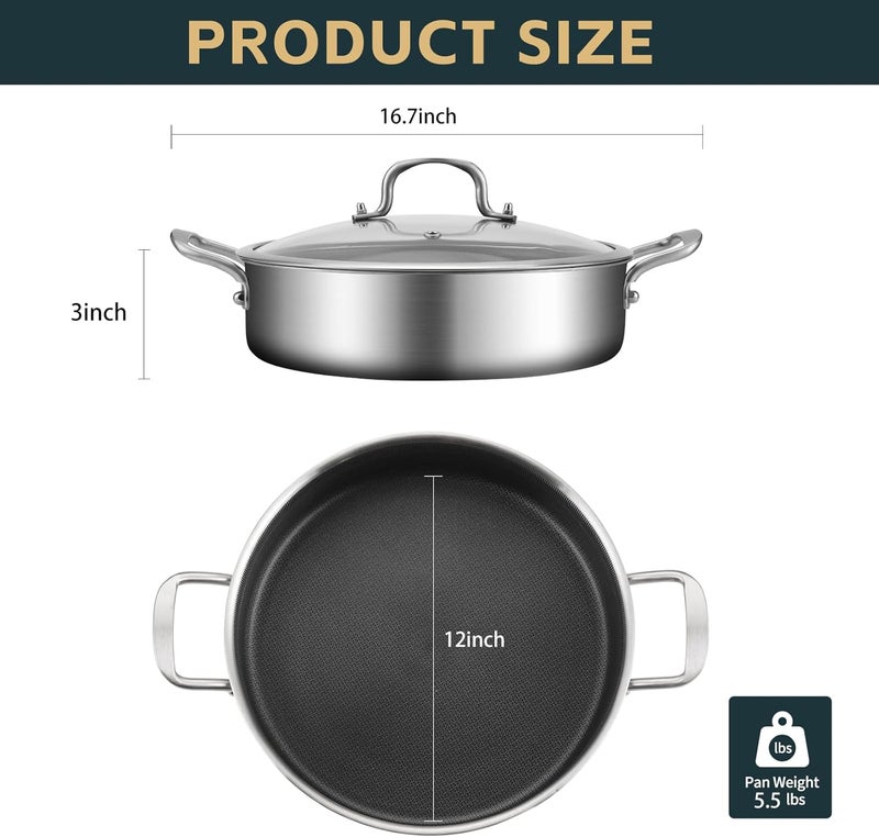 Yeksum Tri-Ply Stainless Steel 5 Quarts Saute Pan, 12.5 Inch Nonstick Skillet with lids, Hybird Large Frying Pan,18/10 Chef's Cooking Pan, Induction Pan, Dishwasher and Oven Safe - Image 4
