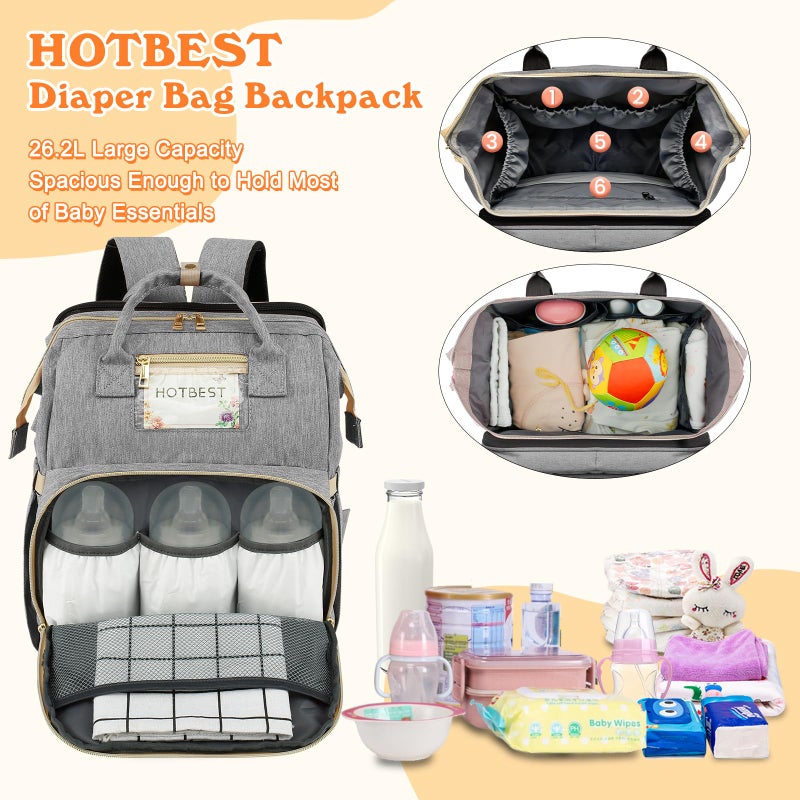 HOTBEST Diaper Bag Backpack with Changing Station, Baby Essentials Travel Tote Multi function Waterproof Bag, Stroller Straps & USB Port, Unisex Stylish Back Pack for Moms Dad - Gray - Image 3