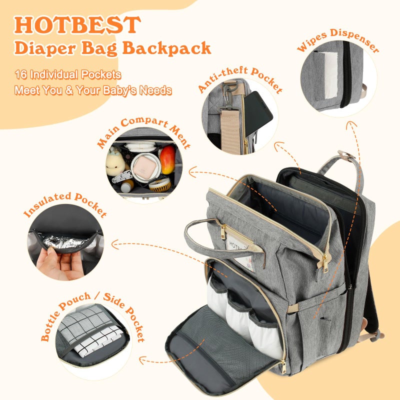 HOTBEST Diaper Bag Backpack with Changing Station, Baby Essentials Travel Tote Multi function Waterproof Bag, Stroller Straps & USB Port, Unisex Stylish Back Pack for Moms Dad - Gray - Image 4