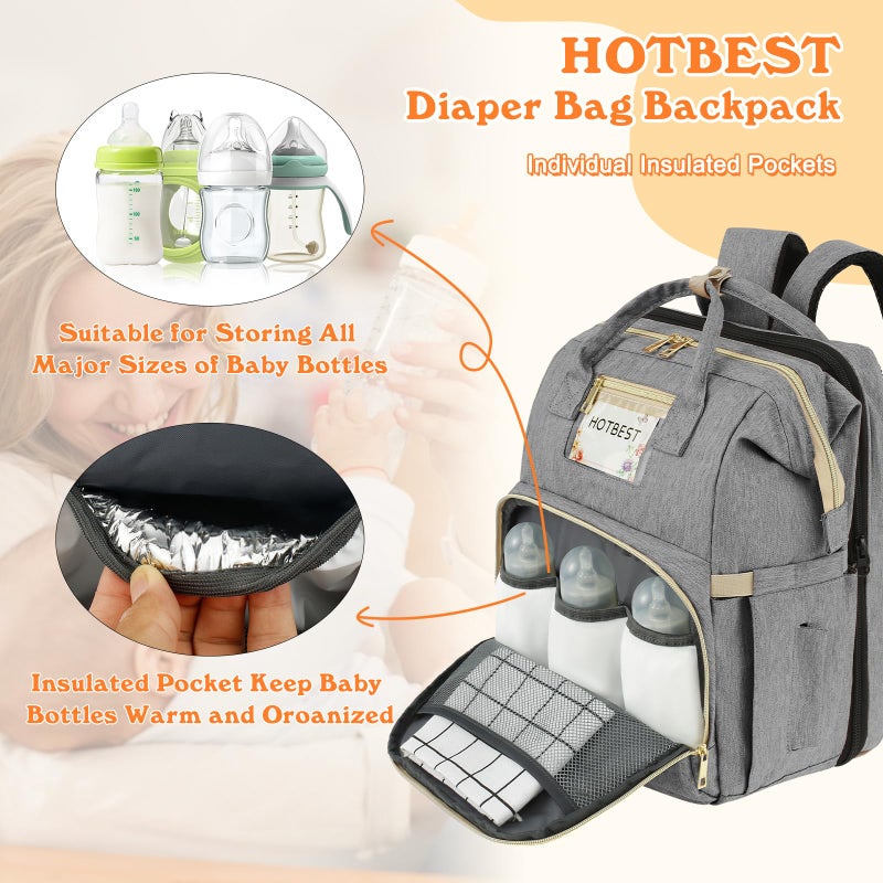 HOTBEST Diaper Bag Backpack with Changing Station, Baby Essentials Travel Tote Multi function Waterproof Bag, Stroller Straps & USB Port, Unisex Stylish Back Pack for Moms Dad - Gray - Image 5