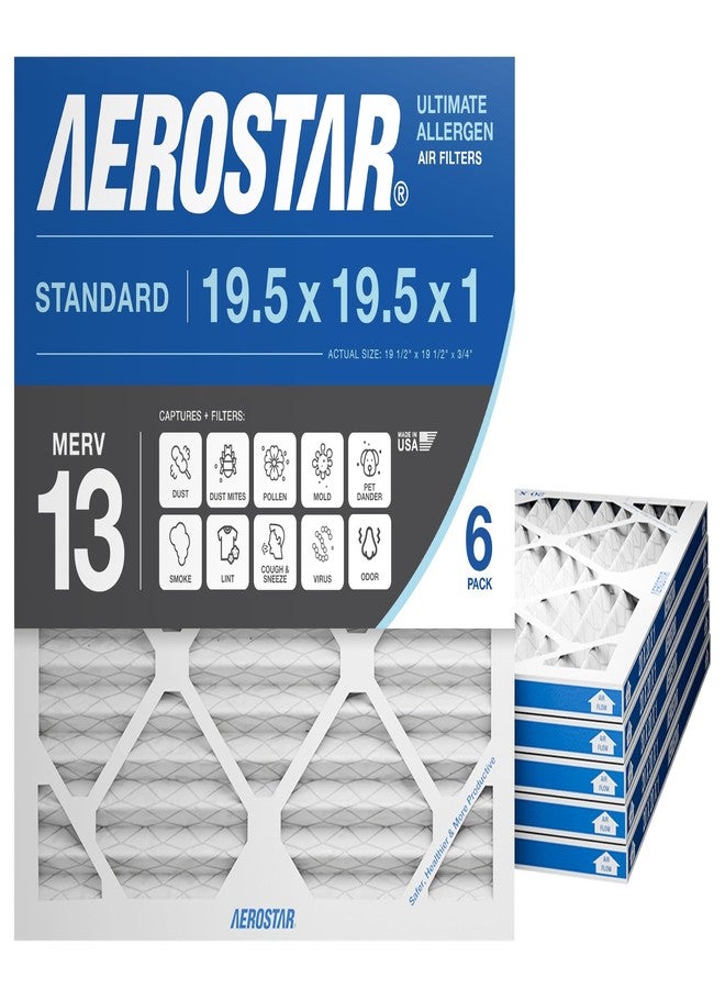 Aerostar 19 1/2x19 1/2x1 MERV 13 Pleated Air Filter, AC Furnace Air Filter, 6 Pack (Actual Size: 19 1/2" x 19 1/2" x 3/4")