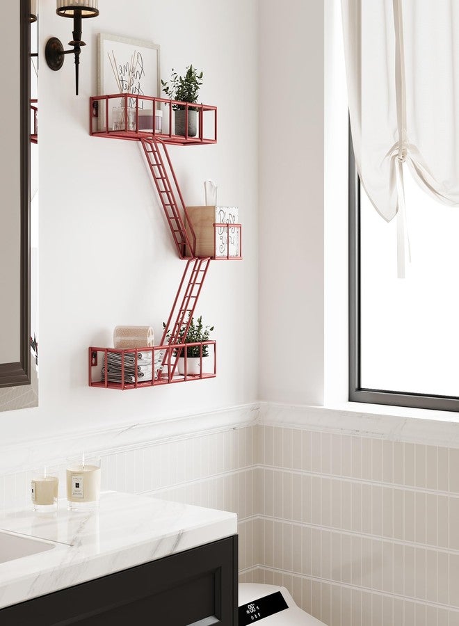 LUDORU Fire Escape Wall Shelf with Baskets, 3-Tier Metal Fire Escape Ladder Shelf Wall Organizer, New York Inspired Decorative Shelf, Red Floating Action Figurine Display Shelves for Bedroom, Home Décor. - Image 4