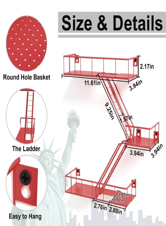 LUDORU Fire Escape Wall Shelf with Baskets, 3-Tier Metal Fire Escape Ladder Shelf Wall Organizer, New York Inspired Decorative Shelf, Red Floating Action Figurine Display Shelves for Bedroom, Home Décor. - Image 2