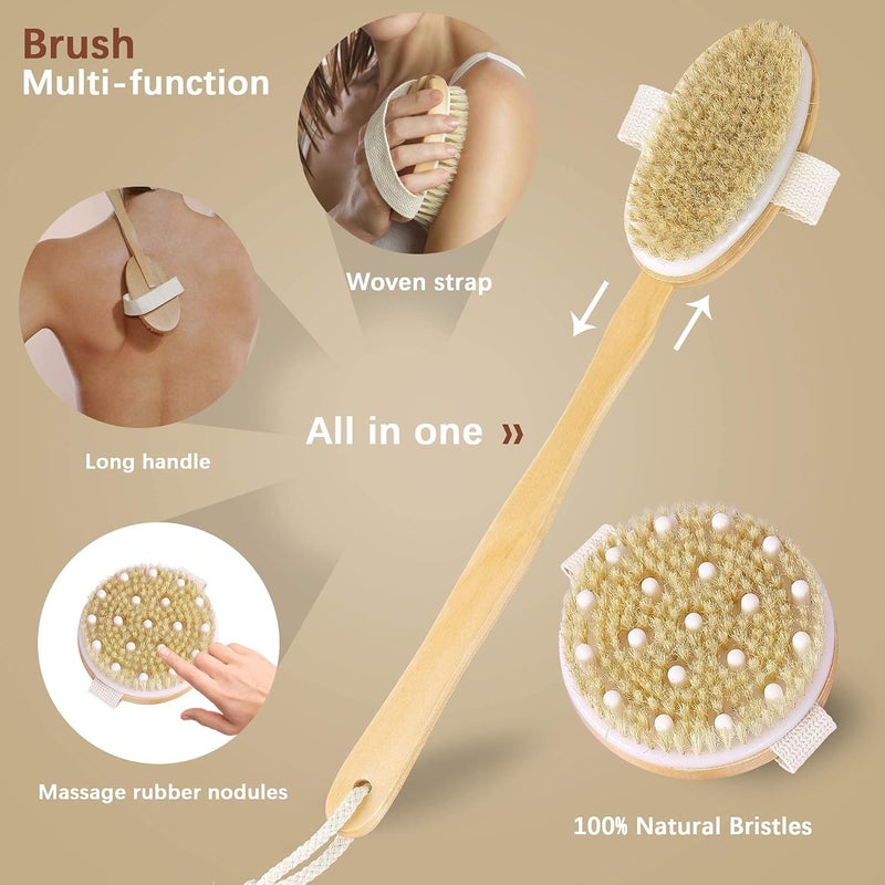 Dry Brushing Body Brush Set of 2 - Natural Bristle Exfoliating Brush with Long Handle for Shower and Lymphatic Massage - Image 3
