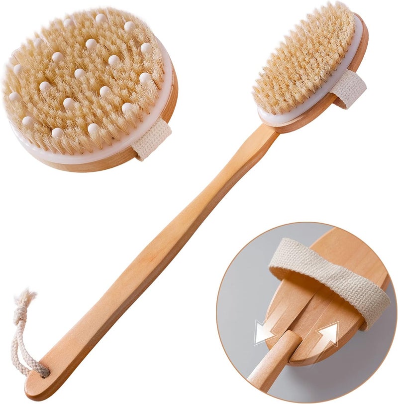 Dry Brushing Body Brush Set of 2 - Natural Bristle Exfoliating Brush with Long Handle for Shower and Lymphatic Massage - Image 1