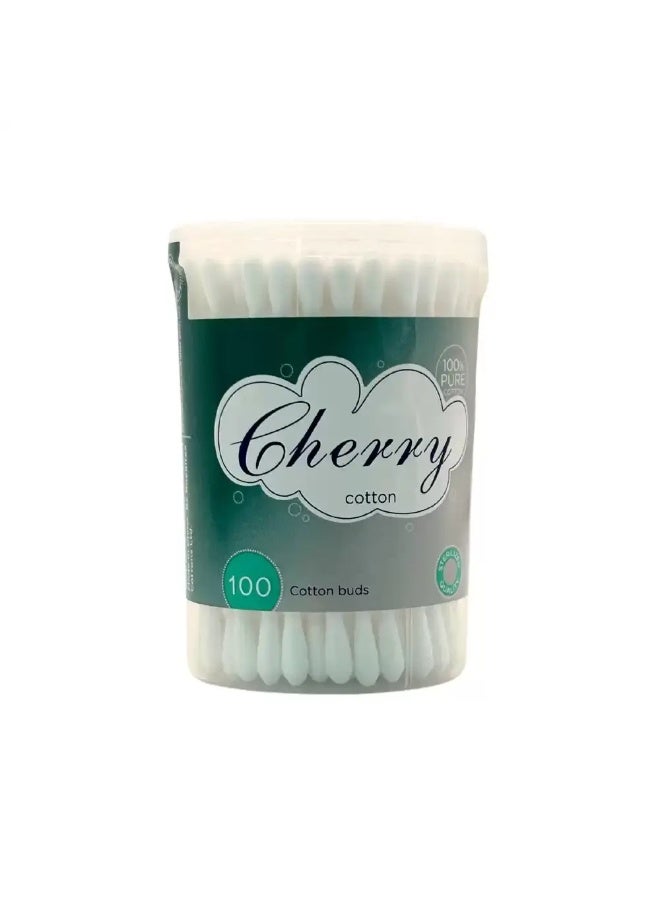 Cherry 100 percent Pure Cotton Buds Double Tipped In Plastic Stem Round Thick Tipped- 100pcs - Image 1