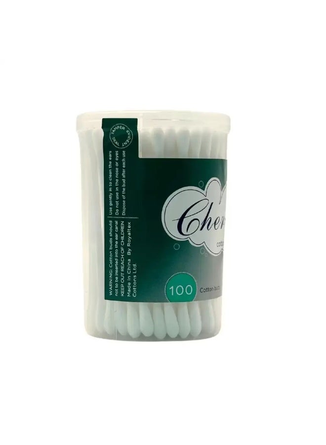 Cherry 100 percent Pure Cotton Buds Double Tipped In Plastic Stem Round Thick Tipped- 100pcs - Image 2