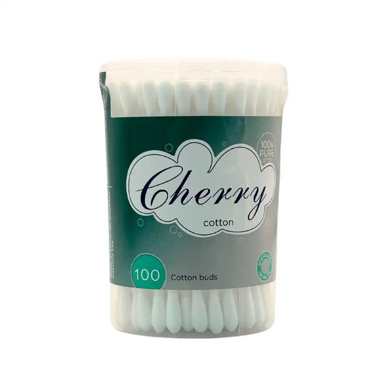Cherry 100 percent Pure Cotton Buds Double Tipped In Plastic Stem Round Thick Tipped- 100pcs - Image 1